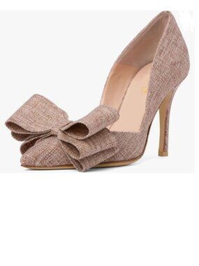 XYD Nude Pointed Toe Slip On Pumps Oversized Bows Stiletto High Heel Dress Shoes